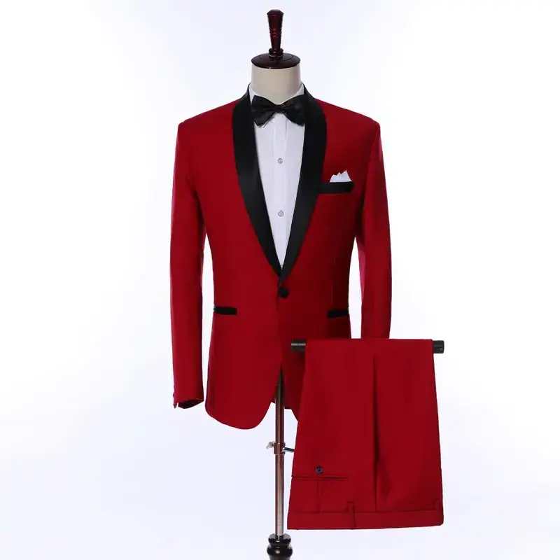 Latest Custom Made Shawl Lapel Men Suits One Button Bridegroom Wedding Red Male Blazer Costume Homme 2 Pieces Tuxedos Skinny