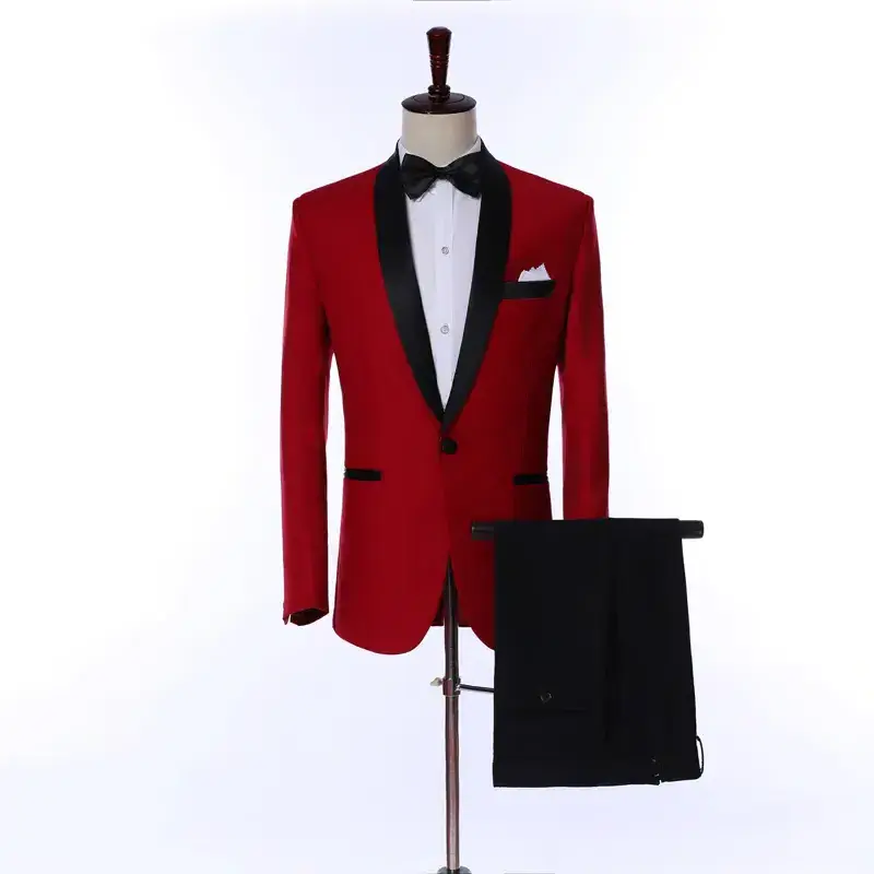 Latest Custom Made Shawl Lapel Men Suits One Button Bridegroom Wedding Red Male Blazer Costume Homme 2 Pieces Tuxedos Skinny