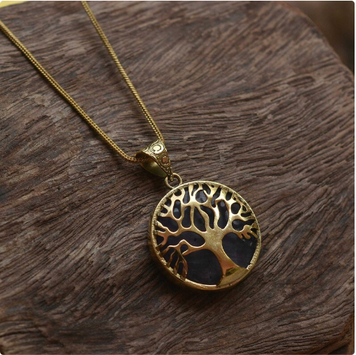 New Trend Different Gemstone Tree Of Life Pendent Necklace In Gold & Silver moonstone Labradorite Obsidian Lapis Necklace Brass