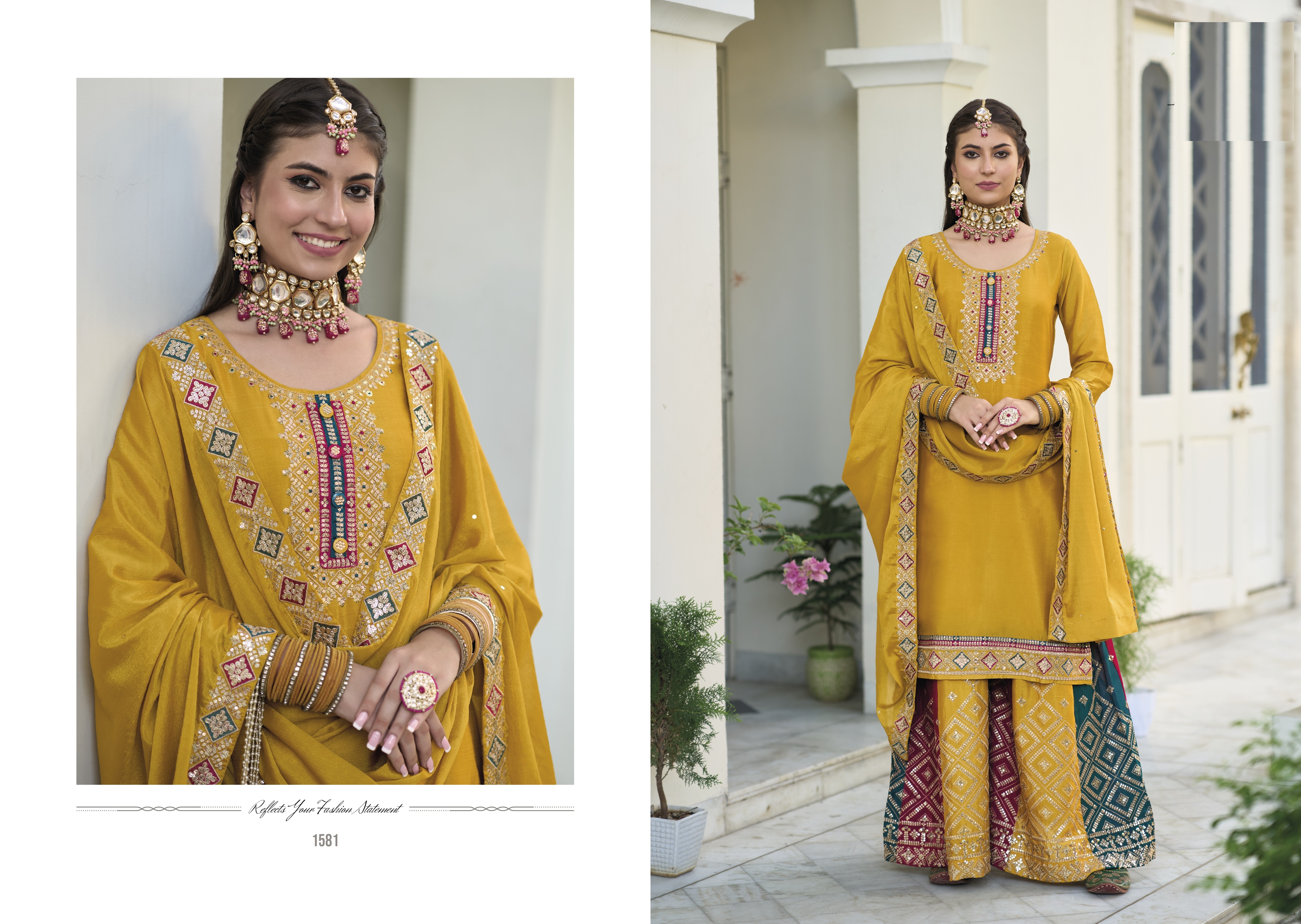 Beautiful Fashion Designer Look Wedding Wear Real Chinon Front & Back Work Palazzo Salwar Suit from Indian Supplier