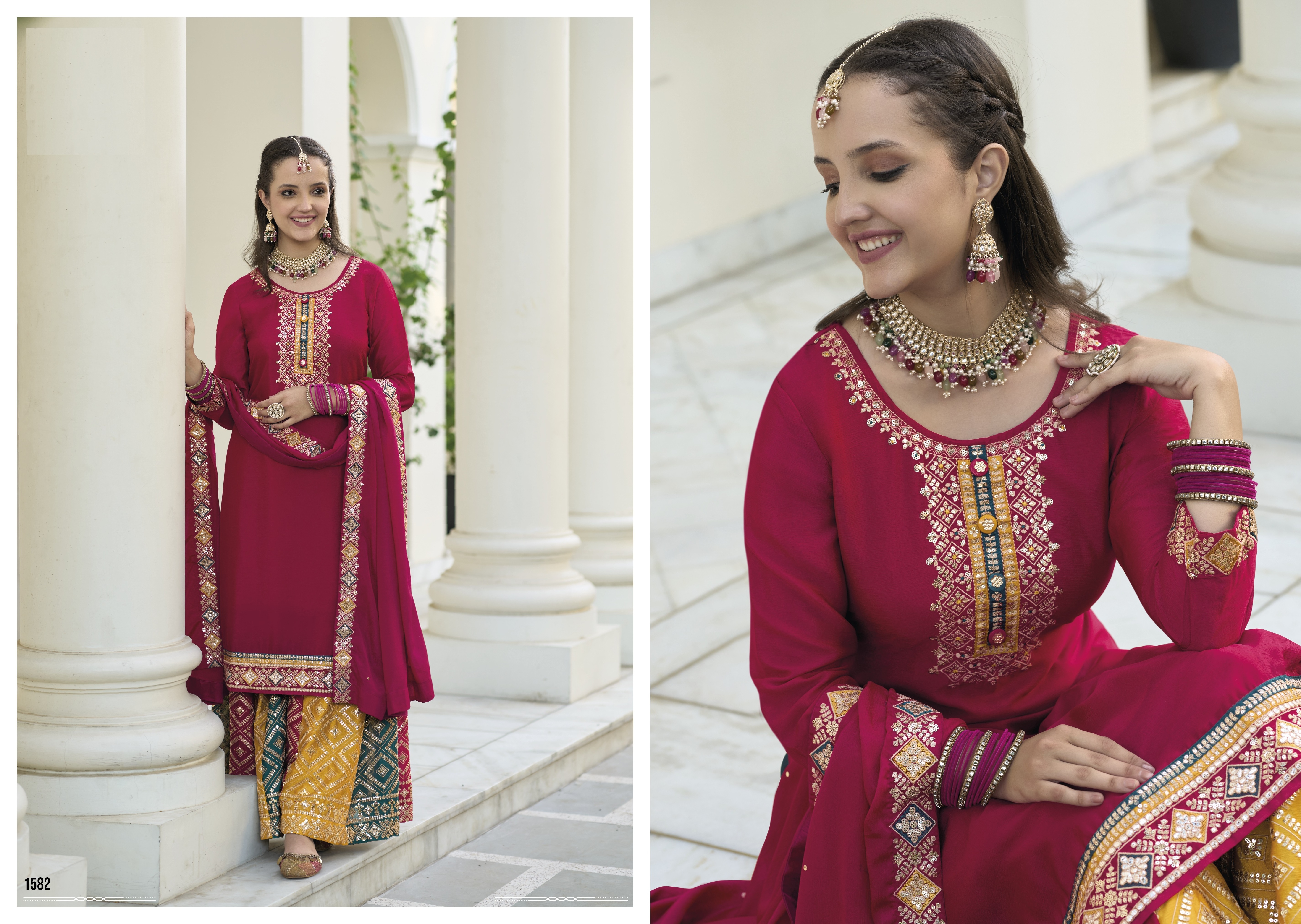 Beautiful Fashion Designer Look Wedding Wear Real Chinon Front & Back Work Palazzo Salwar Suit from Indian Supplier