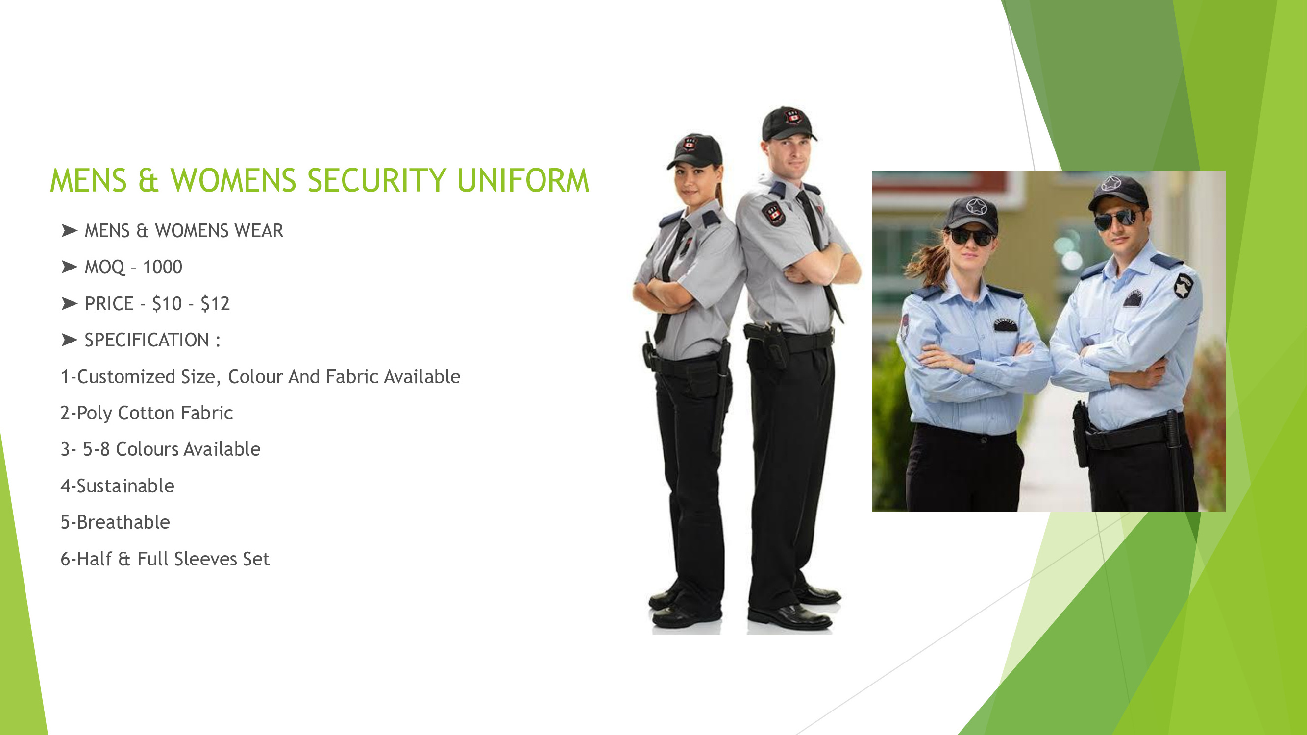 Indian factory supply design men and women security guard uniform in different color