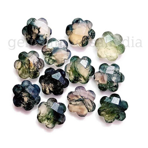 Natural Moss Agate Faceted Flower Shape Briolette, Moss Agate Flower Gemstone Beads, Agate Hand Carved Bead Jewelry Craft 10mm