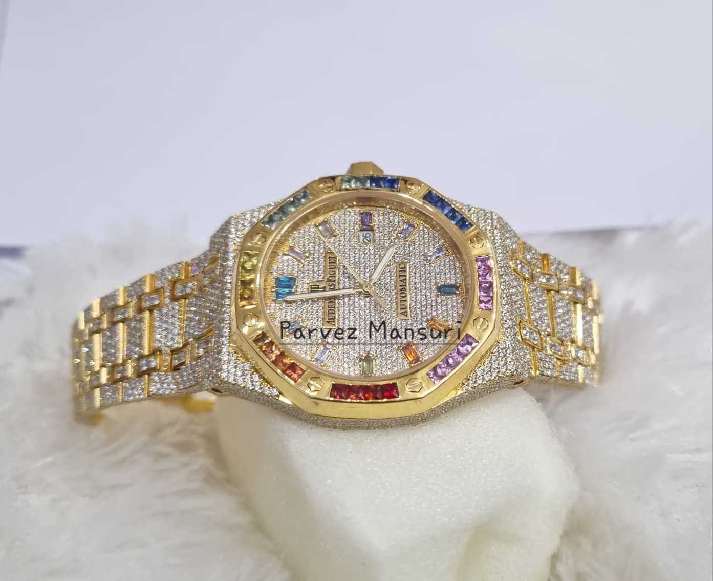 Yellow Gold Moissanite Diamond Iced Out Watch| AP Swiss Automatic Movement Watch |Moissanite Handmade Wrist Watch