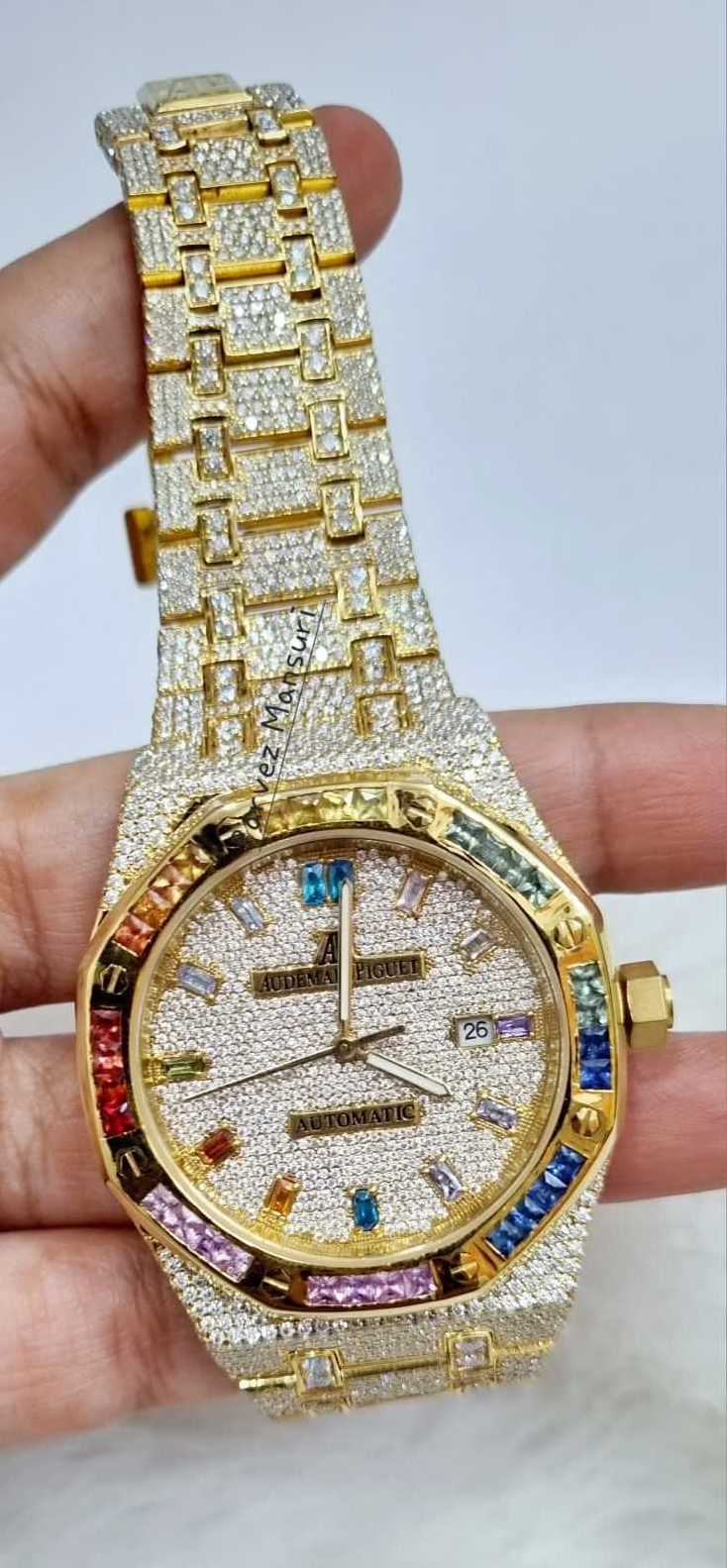 Yellow Gold Moissanite Diamond Iced Out Watch| AP Swiss Automatic Movement Watch |Moissanite Handmade Wrist Watch