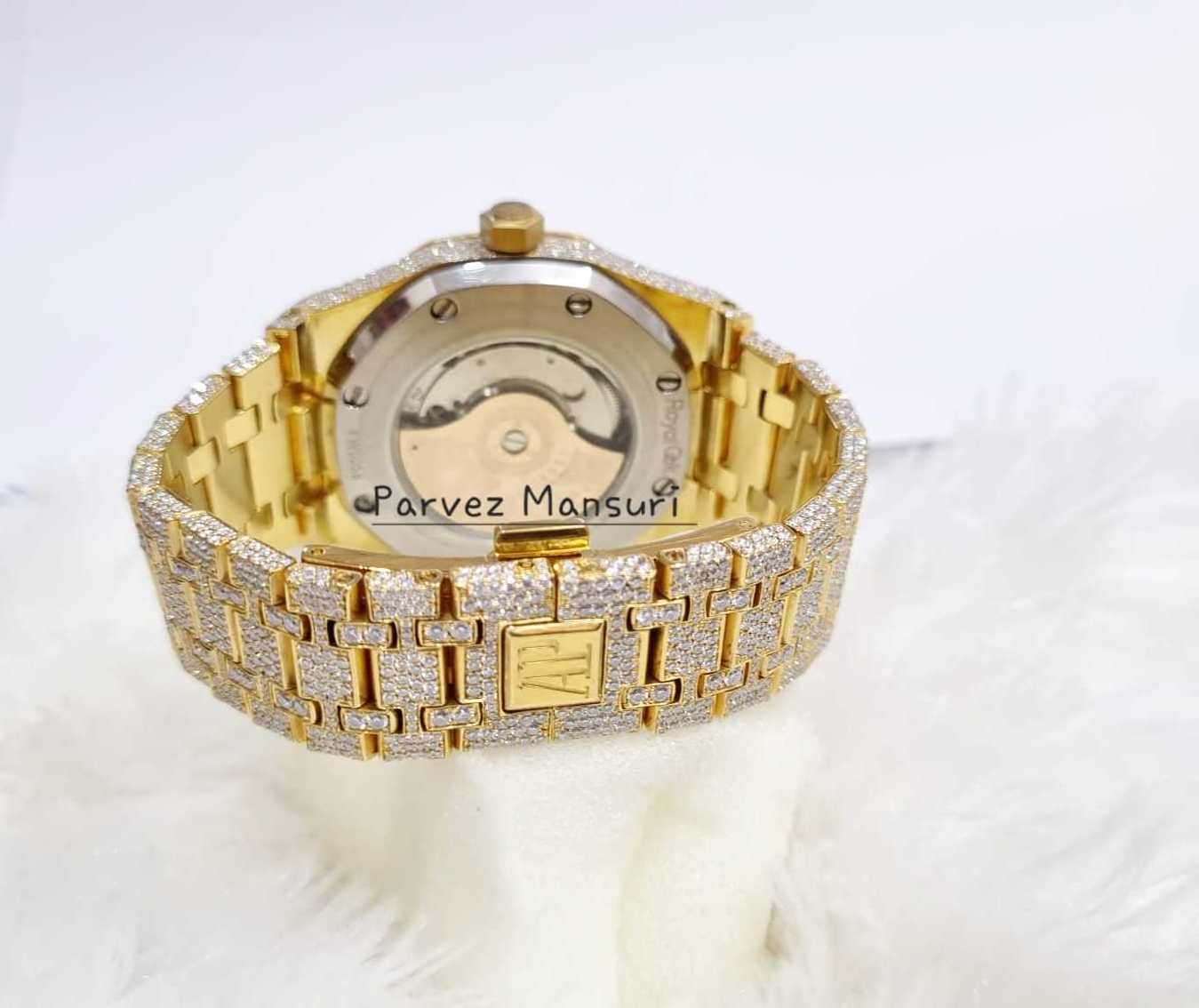 Yellow Gold Moissanite Diamond Iced Out Watch| AP Swiss Automatic Movement Watch |Moissanite Handmade Wrist Watch