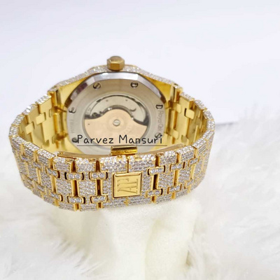 Yellow Gold Moissanite Diamond Iced Out Watch| AP Swiss Automatic Movement Watch |Moissanite Handmade Wrist Watch