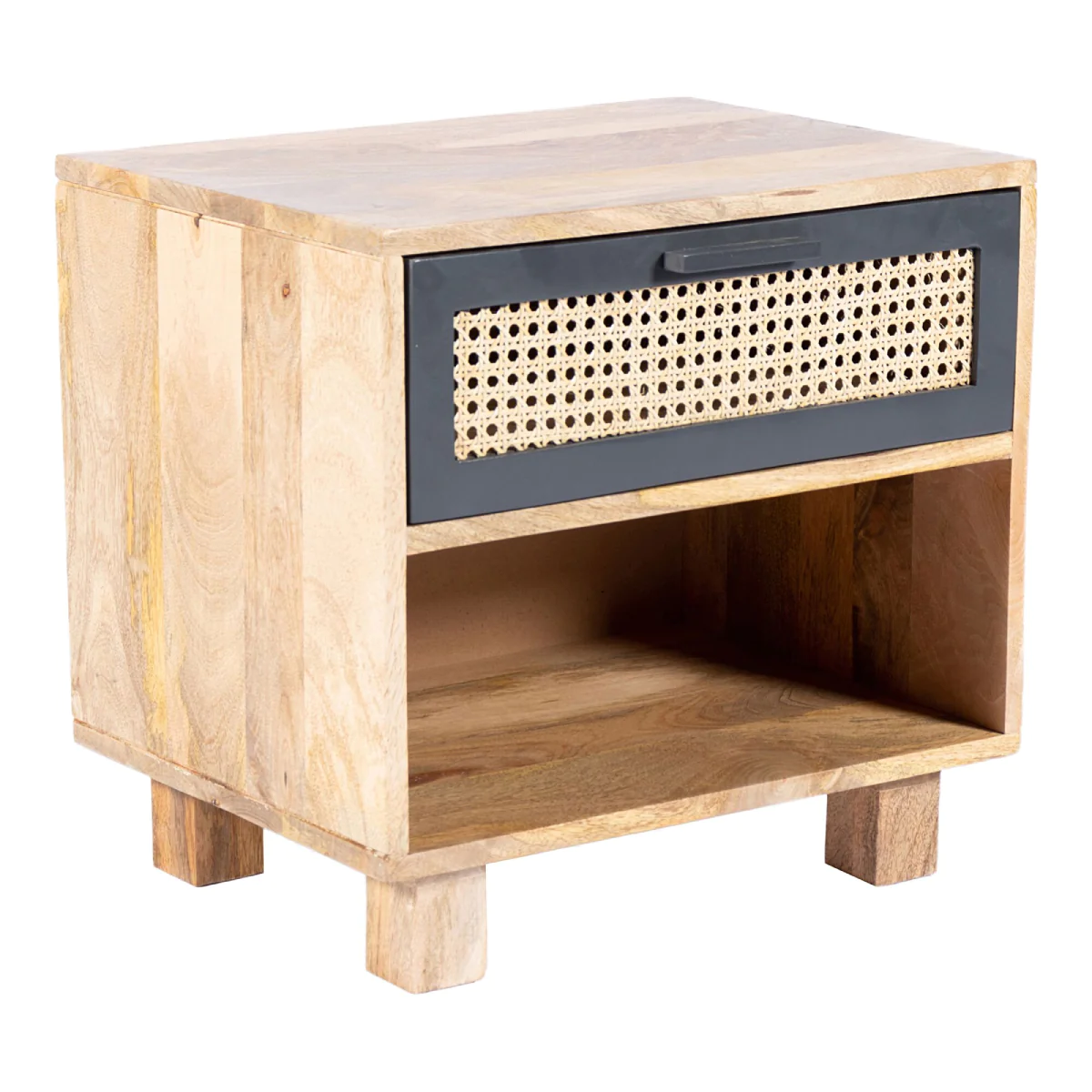 Wooden Canning Night Stand cum Bedside Small Side Table Rattan Nightstand Boho Bedside table with 1 Rattan Drawer with wood legs