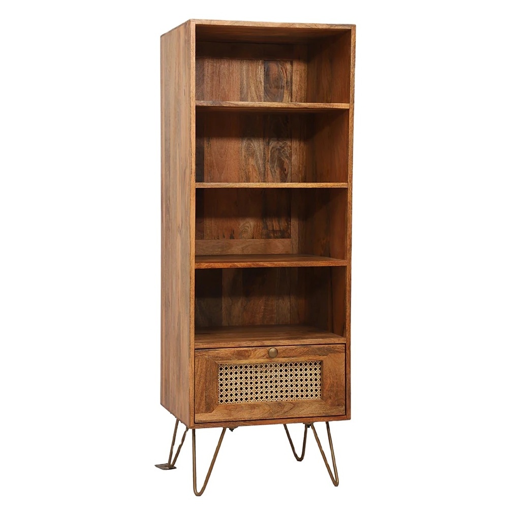 Wooden Canning 1 drawer Bookcase with iron base shelves living room solid wood brown finish white cane furniture with drawer