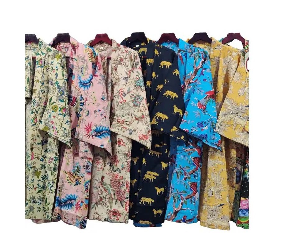 Wholesale Hand Block Print Cotton Kimono Robe, Indian Cotton Kimono Bathrobe, Women's Summer Wear Maxi Gown Night Suit Dress