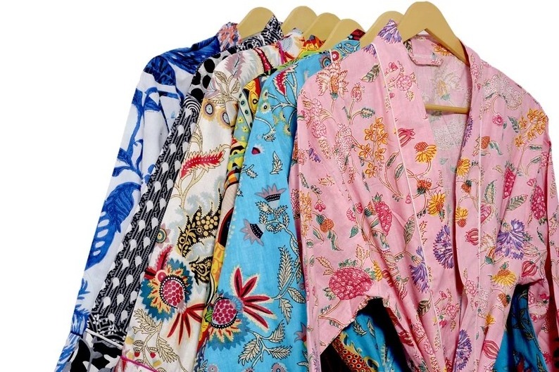 Wholesale Hand Block Print Cotton Kimono Robe, Indian Cotton Kimono Bathrobe, Women's Summer Wear Maxi Gown Night Suit Dress