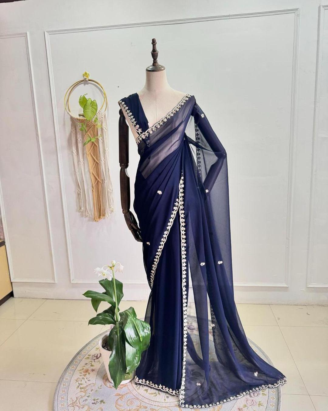 Soft Georgette saree with beautiful handwork all over attach real mirror handwork Indian & Pakistani Clothing Must-Pick