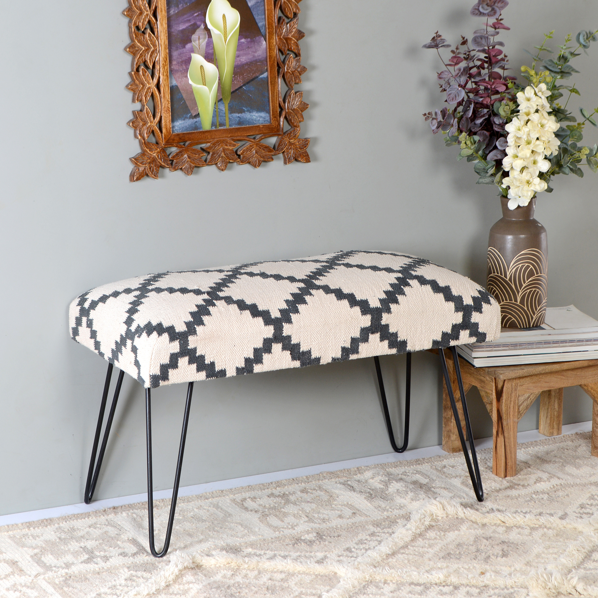 modern indoor upholstered bench with wooden legs and cushion long end stool bench for bedroom handmade