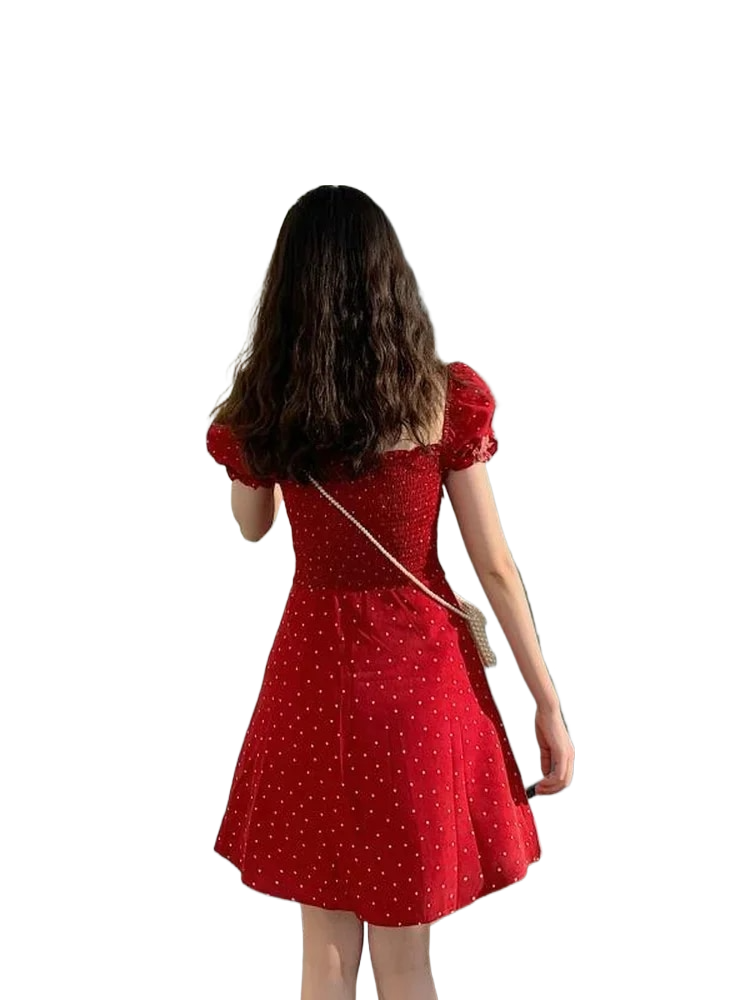 Summer korean Polka Dot Red short Dress 2024 square collar puff sleeve casual mini dress wholesale