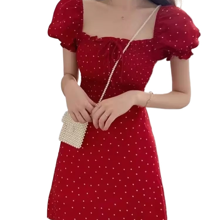 Summer korean Polka Dot Red short Dress 2024 square collar puff sleeve casual mini dress wholesale