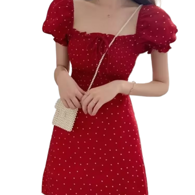 Summer korean Polka Dot Red short Dress 2024 square collar puff sleeve casual mini dress wholesale