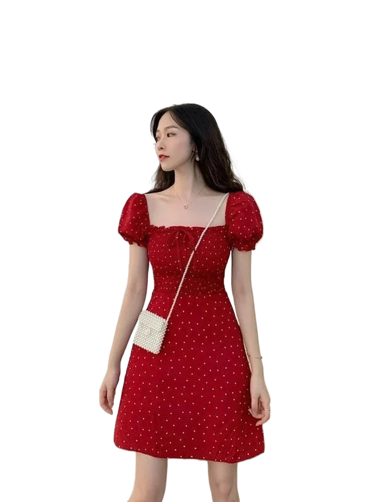 Summer korean Polka Dot Red short Dress 2024 square collar puff sleeve casual mini dress wholesale