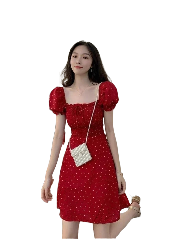 Summer korean Polka Dot Red short Dress 2024 square collar puff sleeve casual mini dress wholesale