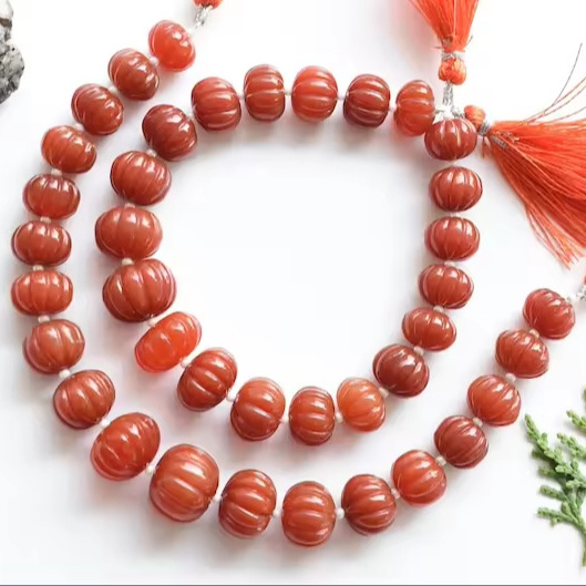 8 Inches Red Onyx Carved Melon Natural Gemstone Carving Center Drill Line Strand Genuine Red Onyx Beads 12x15 To 8x11 Mm