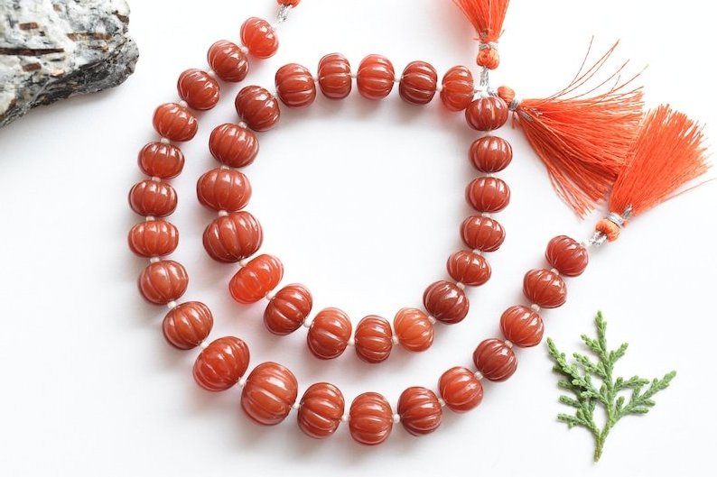 8 Inches Red Onyx Carved Melon Natural Gemstone Carving Center Drill Line Strand Genuine Red Onyx Beads 12x15 To 8x11 Mm