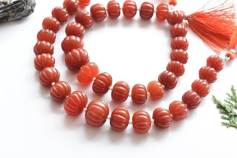 8 Inches Red Onyx Carved Melon Natural Gemstone Carving Center Drill Line Strand Genuine Red Onyx Beads 12x15 To 8x11 Mm