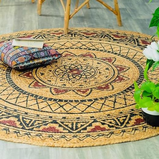 Round Rug Block Print Jute Braided Rugs Large Geometric Mandala Mat Round decorative living room home decor carpet