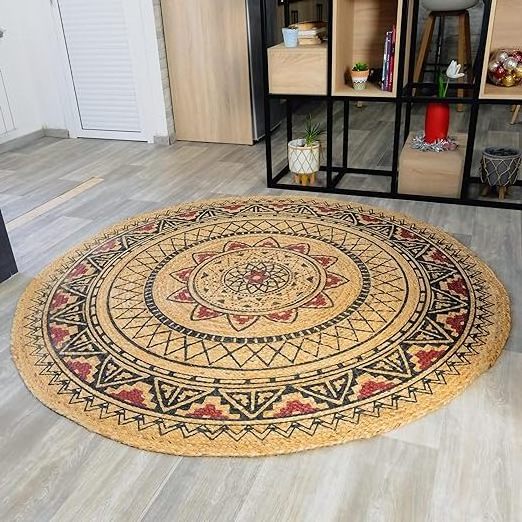 Round Rug Block Print Jute Braided Rugs Large Geometric Mandala Mat Round decorative living room home decor carpet