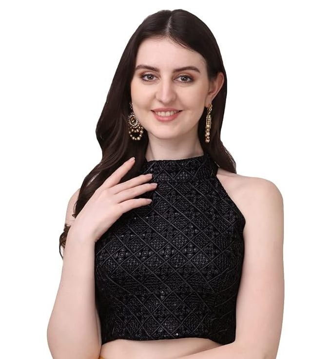 Indian women Designer Halter Neck Chickenkari Sequins Work Ready made Padded blouse party wear wholesale price