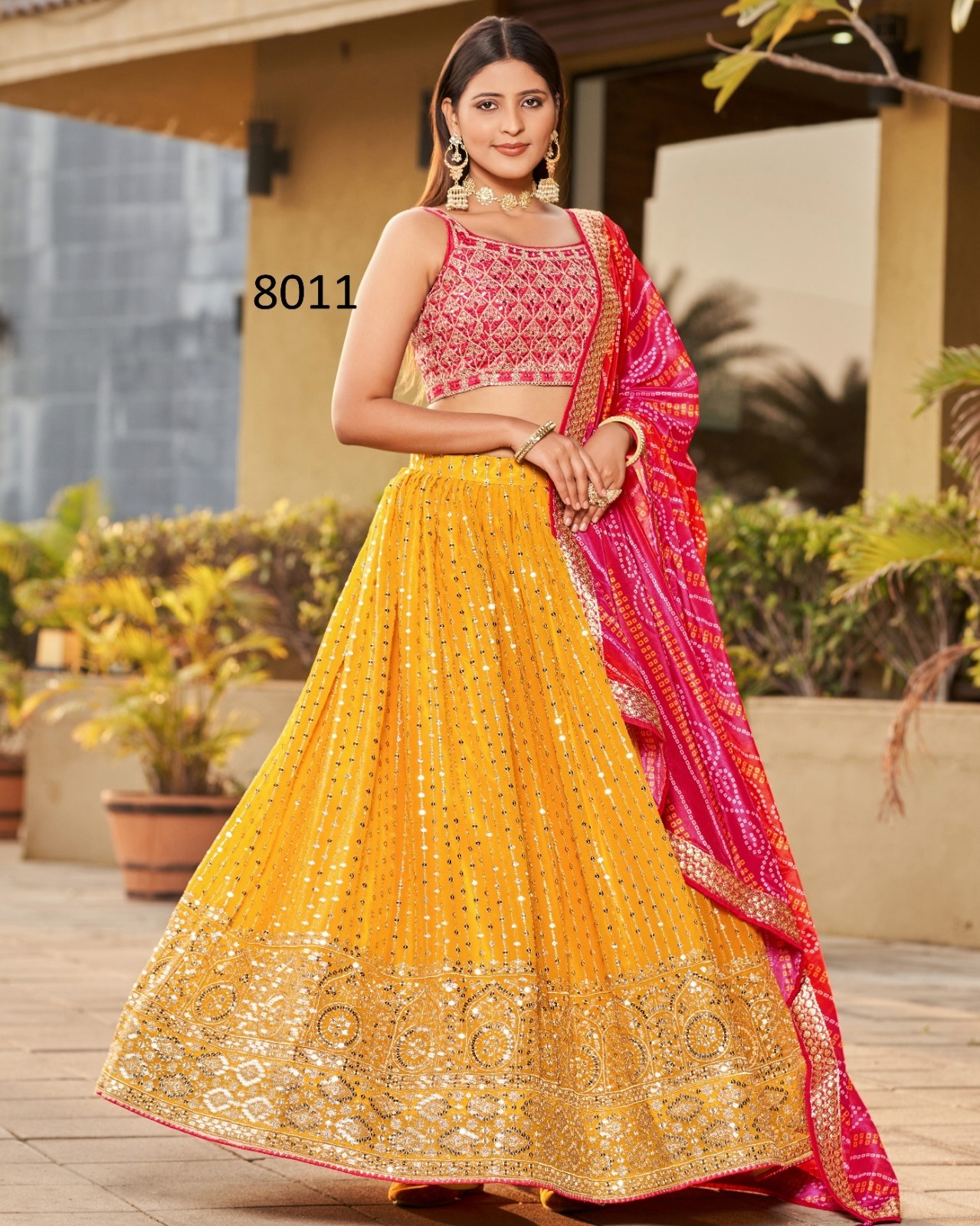 Haldi Collection Latest Designer Yellow-Pink Colour Semi-Stitched Georgette Lehenga Choli|Women's clothes Wholesaler From India