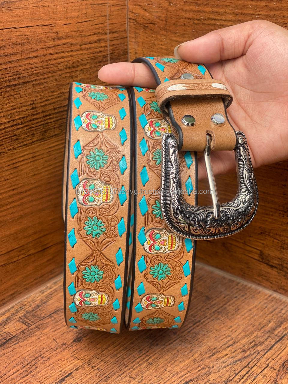 New Handmade Stylish Turquoise Hand Tooled Leather Western Belts Personalized Genuine Leather Floral Design Unisex Waist Belts