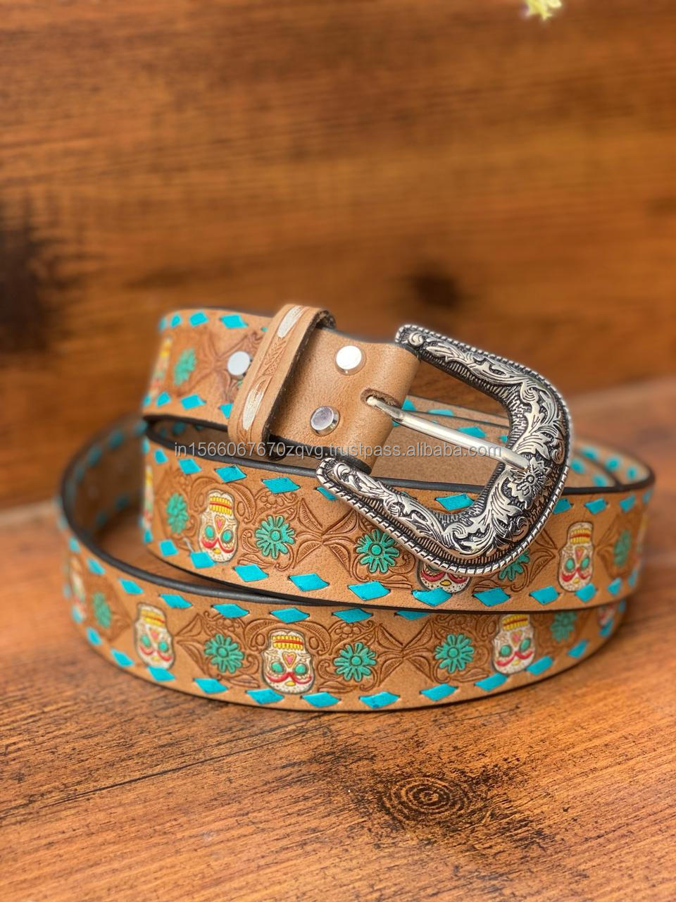 New Handmade Stylish Turquoise Hand Tooled Leather Western Belts Personalized Genuine Leather Floral Design Unisex Waist Belts