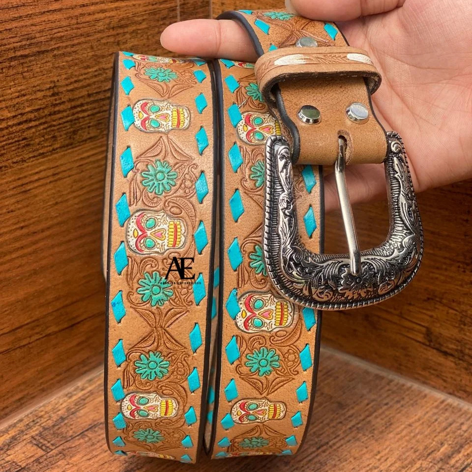 New Handmade Stylish Turquoise Hand Tooled Leather Western Belts Personalized Genuine Leather Floral Design Unisex Waist Belts