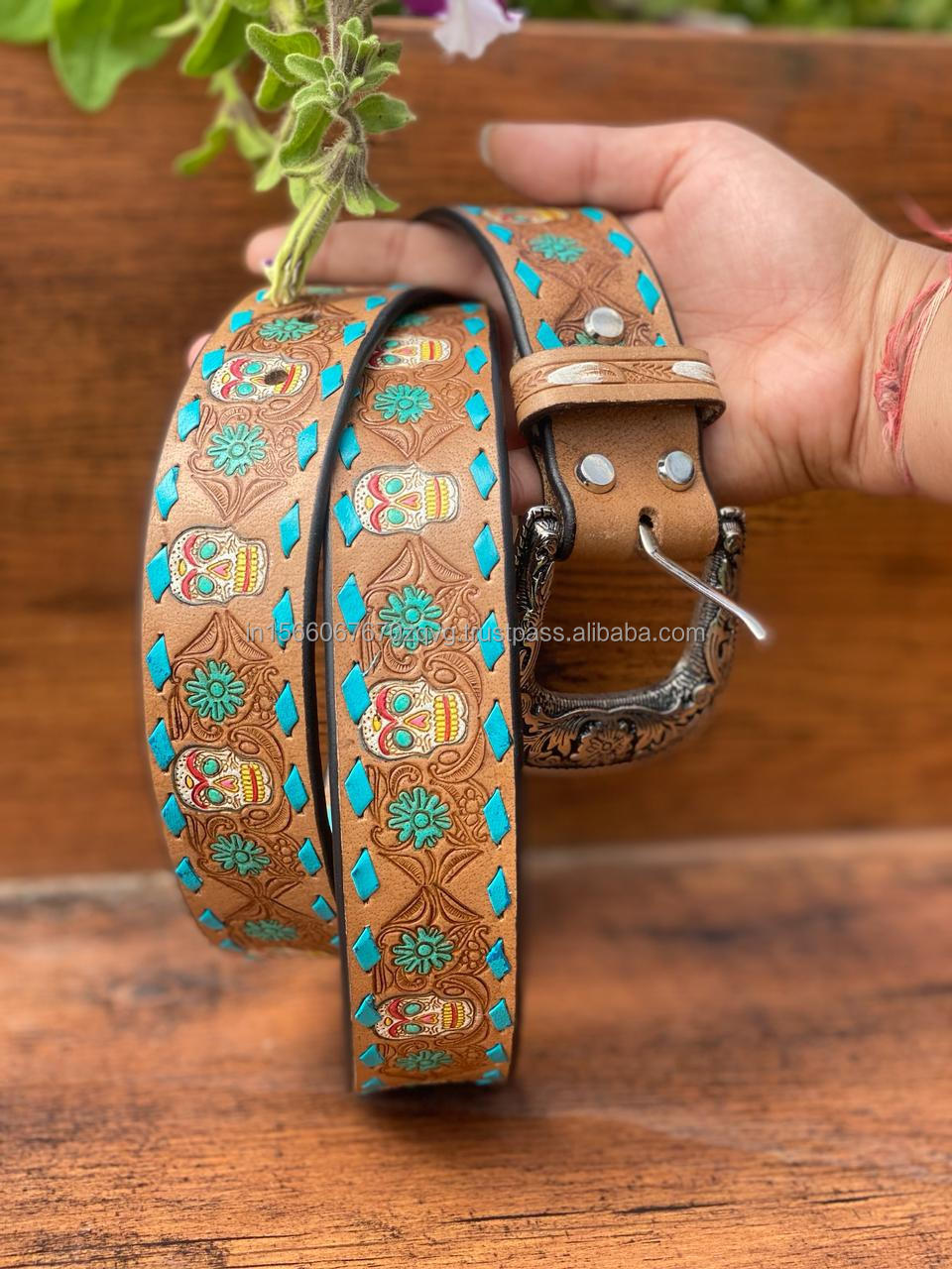 New Handmade Stylish Turquoise Hand Tooled Leather Western Belts Personalized Genuine Leather Floral Design Unisex Waist Belts