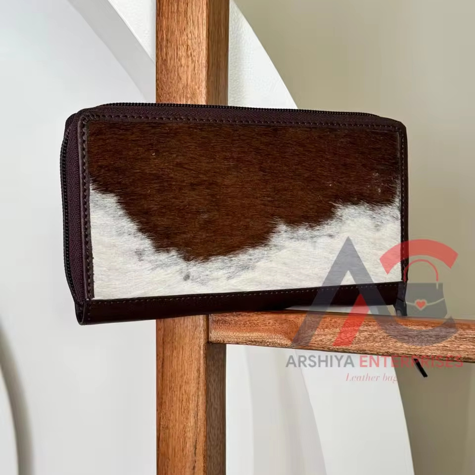 Hot Sale Handmade Genuine Hair On Cowhide Leather Zip Wallet For Women's Slim Wallet Hot Sale Western Caved Leather Purse Wallet