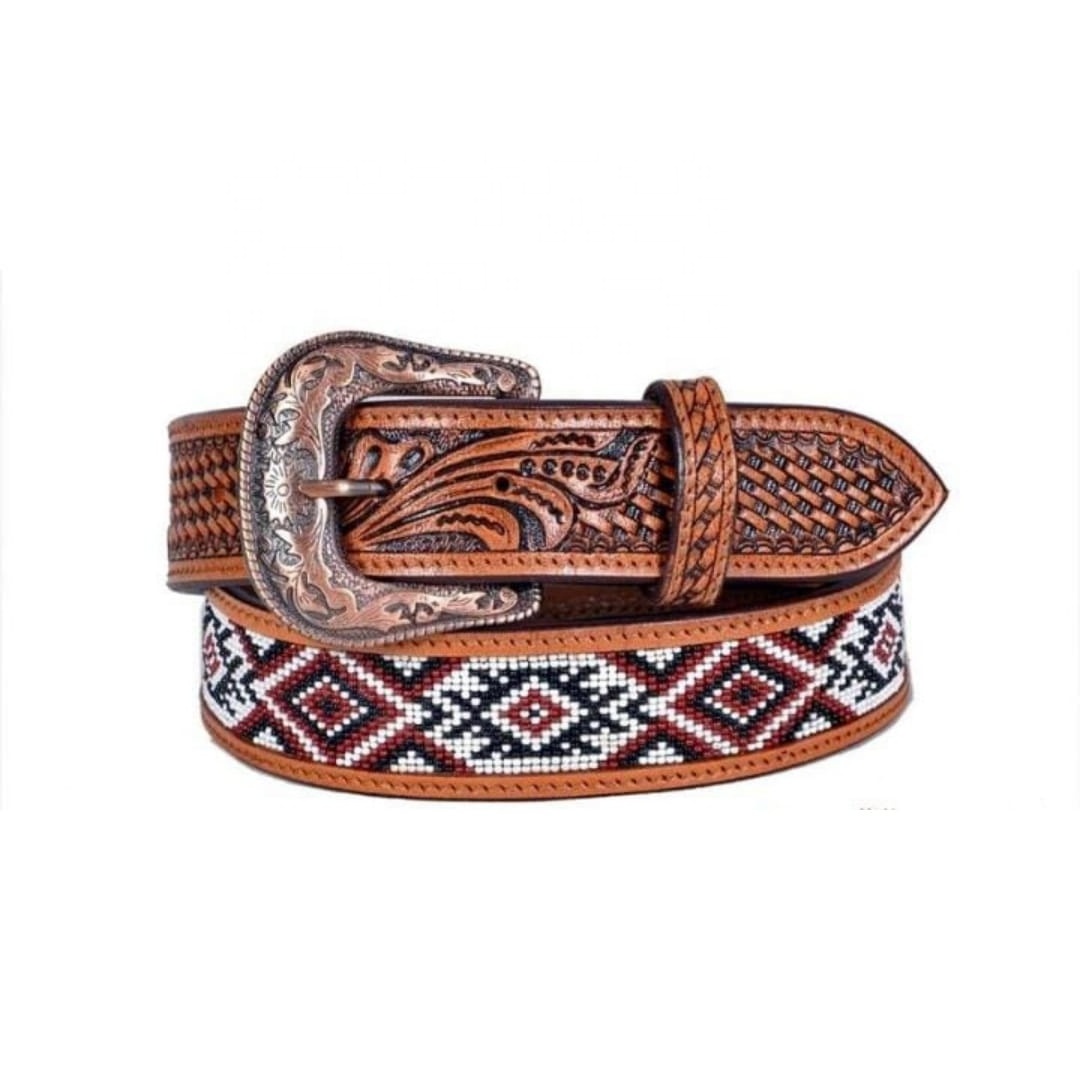 Premium Quality Beaded leather belt floral tooled and curved antique finished hand-painted at best price