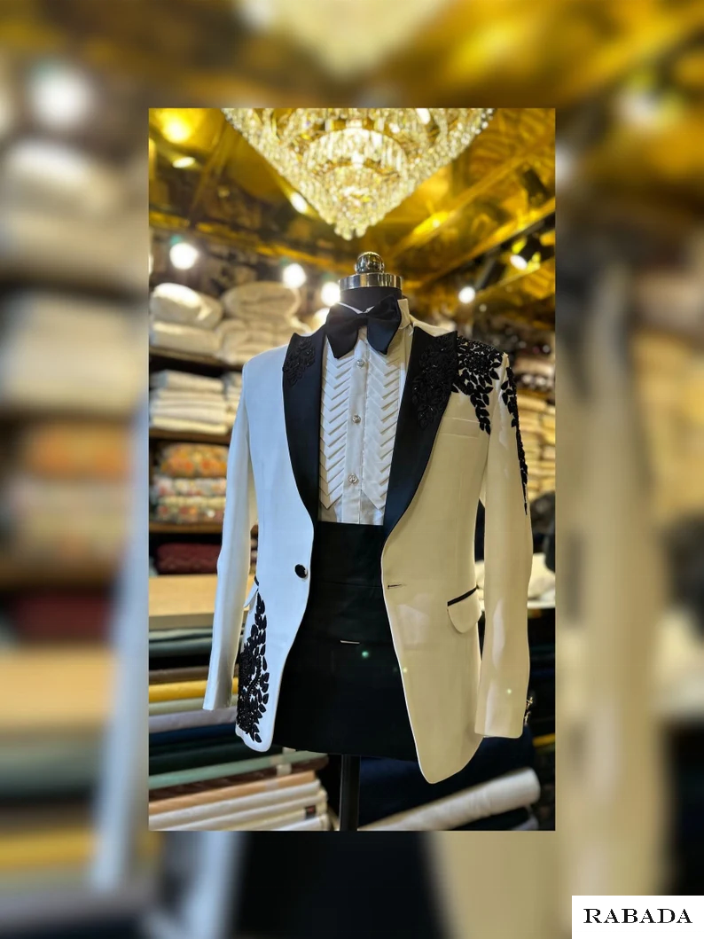 White designer hand embroidered tuxedo, traditional groom black jodhpuri jacket Wedding Jodhpuri Indian Jacket, mens suit