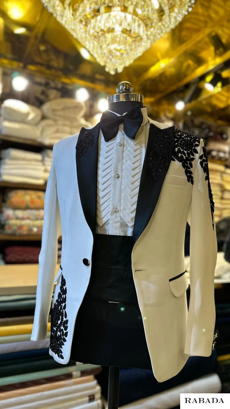 White designer hand embroidered tuxedo, traditional groom black jodhpuri jacket Wedding Jodhpuri Indian Jacket, mens suit