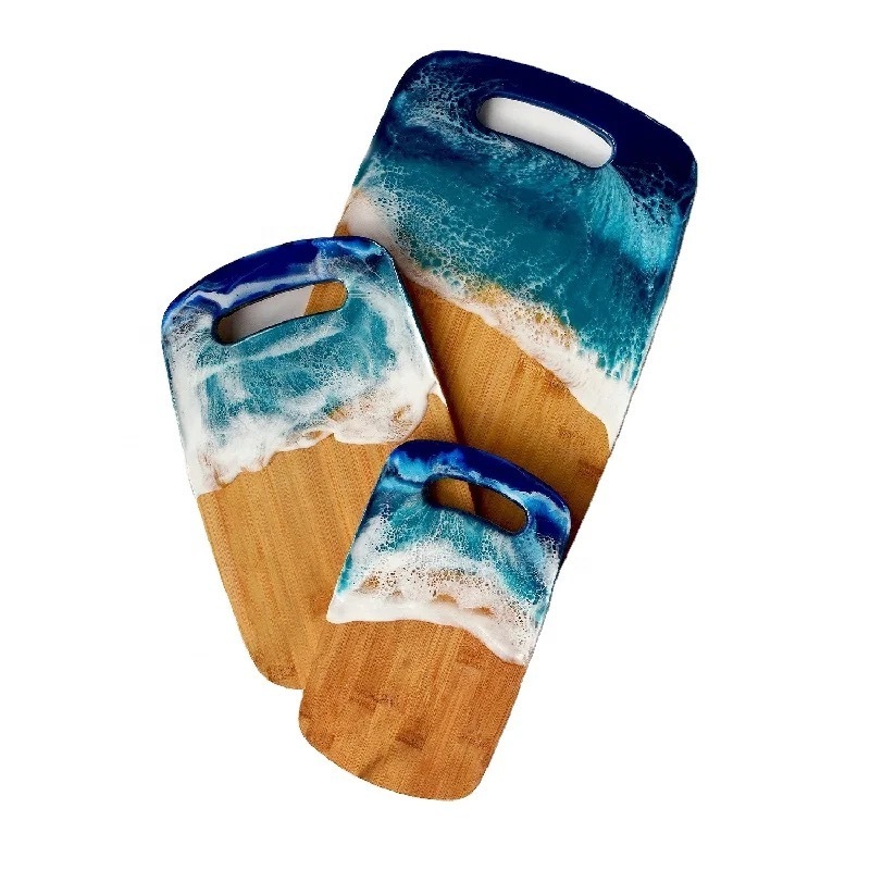 Ocean Design Resin Fill Handmade Gifts Large Size Butcher Block Rectangular Chopping  Wood Resin Charcuterie Cutting Board