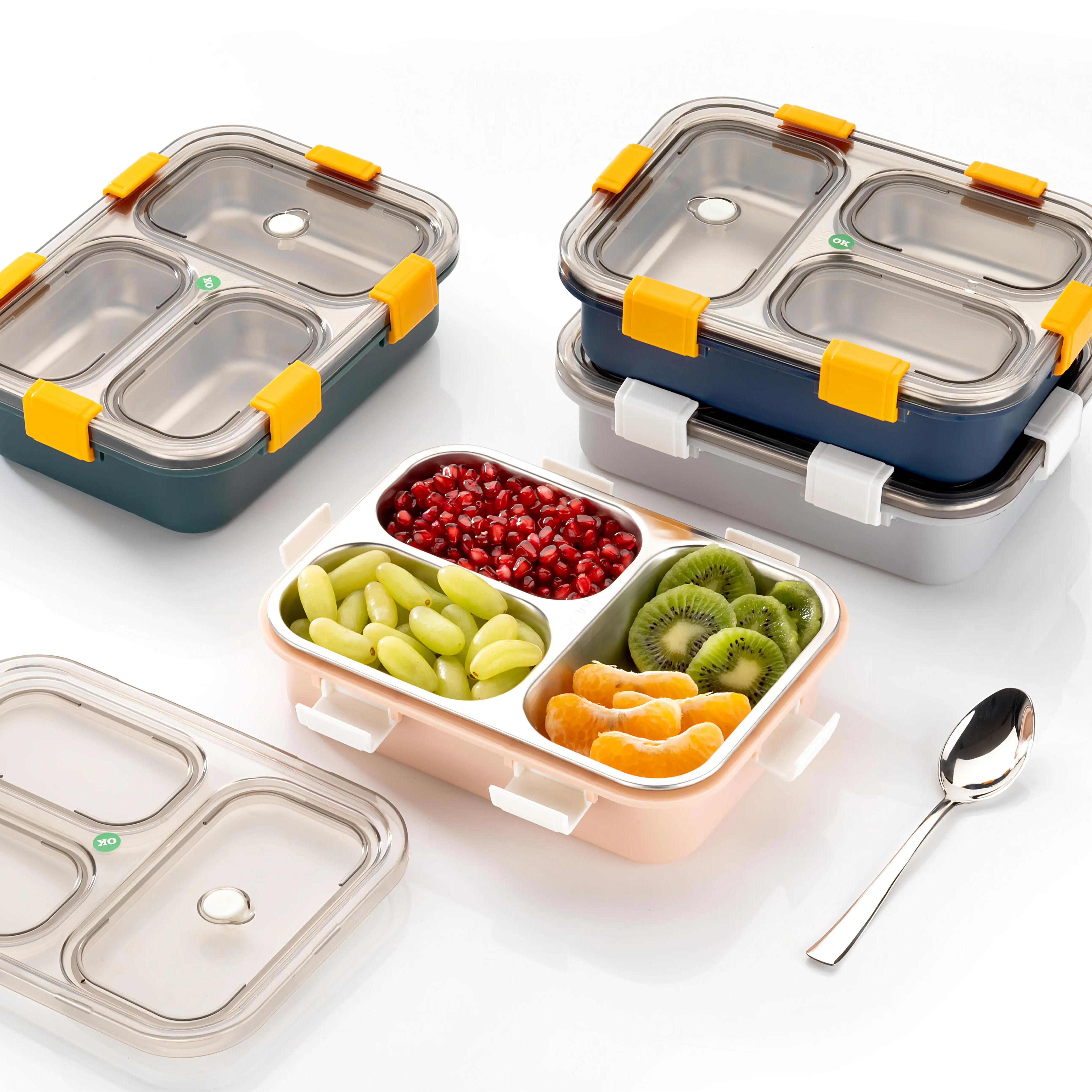 3 compartment Stainless Leaking Proof Take Away fork and spoon Food Container Microwave Safe Bento Lunch Box handmade