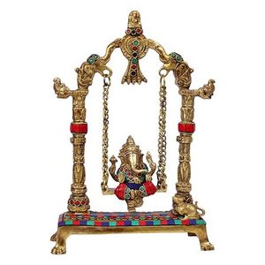 Brass Ganesha Swing Ganesh Ganpati on Jhoola Statue Decorate with Color Gemstone Handwork Height 12 Inches