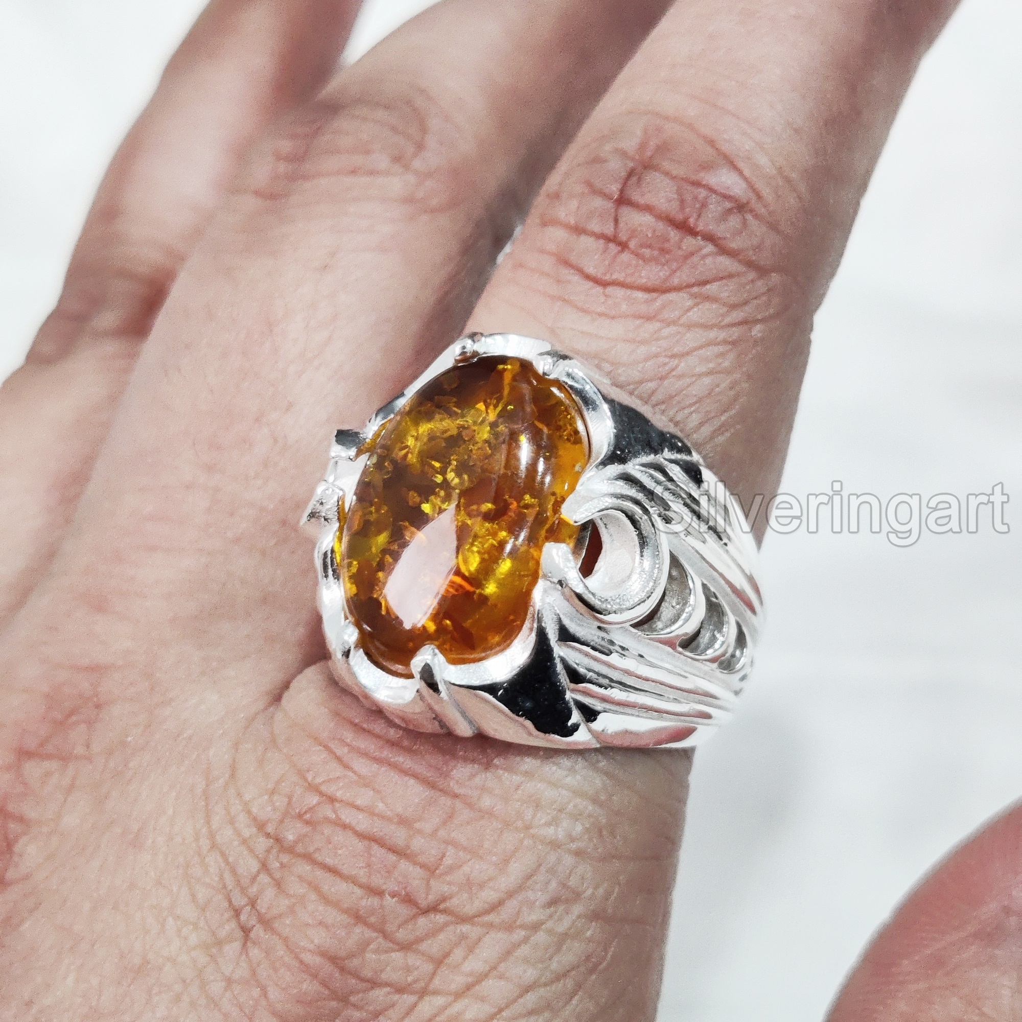 New Arrival Mens Ring Natural Baltic Amber Gemstone Birthstone Ring All Sizes Arabic Wedding Jewelry 925 Sterling Silver Ring