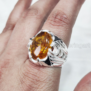 New Arrival Mens Ring Natural Baltic Amber Gemstone Birthstone Ring All Sizes Arabic Wedding Jewelry 925 Sterling Silver Ring