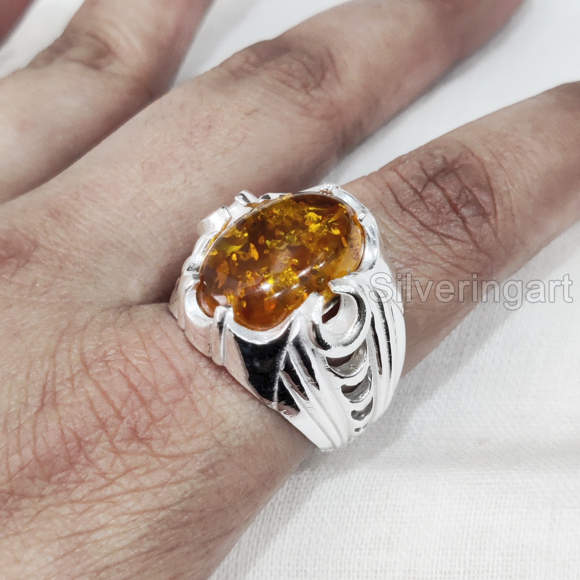 New Arrival Mens Ring Natural Baltic Amber Gemstone Birthstone Ring All Sizes Arabic Wedding Jewelry 925 Sterling Silver Ring