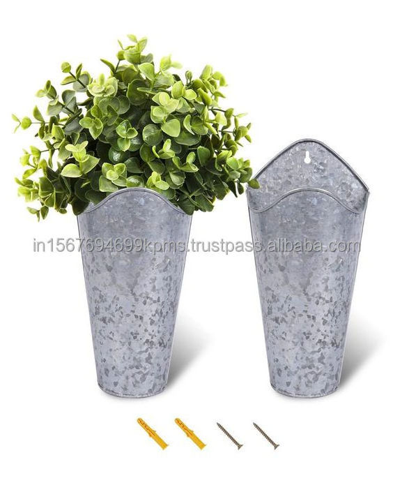 Manufacture Of Huge Quantity Galvanized Wall Planters Popular Wall Pockets And Cone Shape Flower Pots Set of Two For Wall Decors