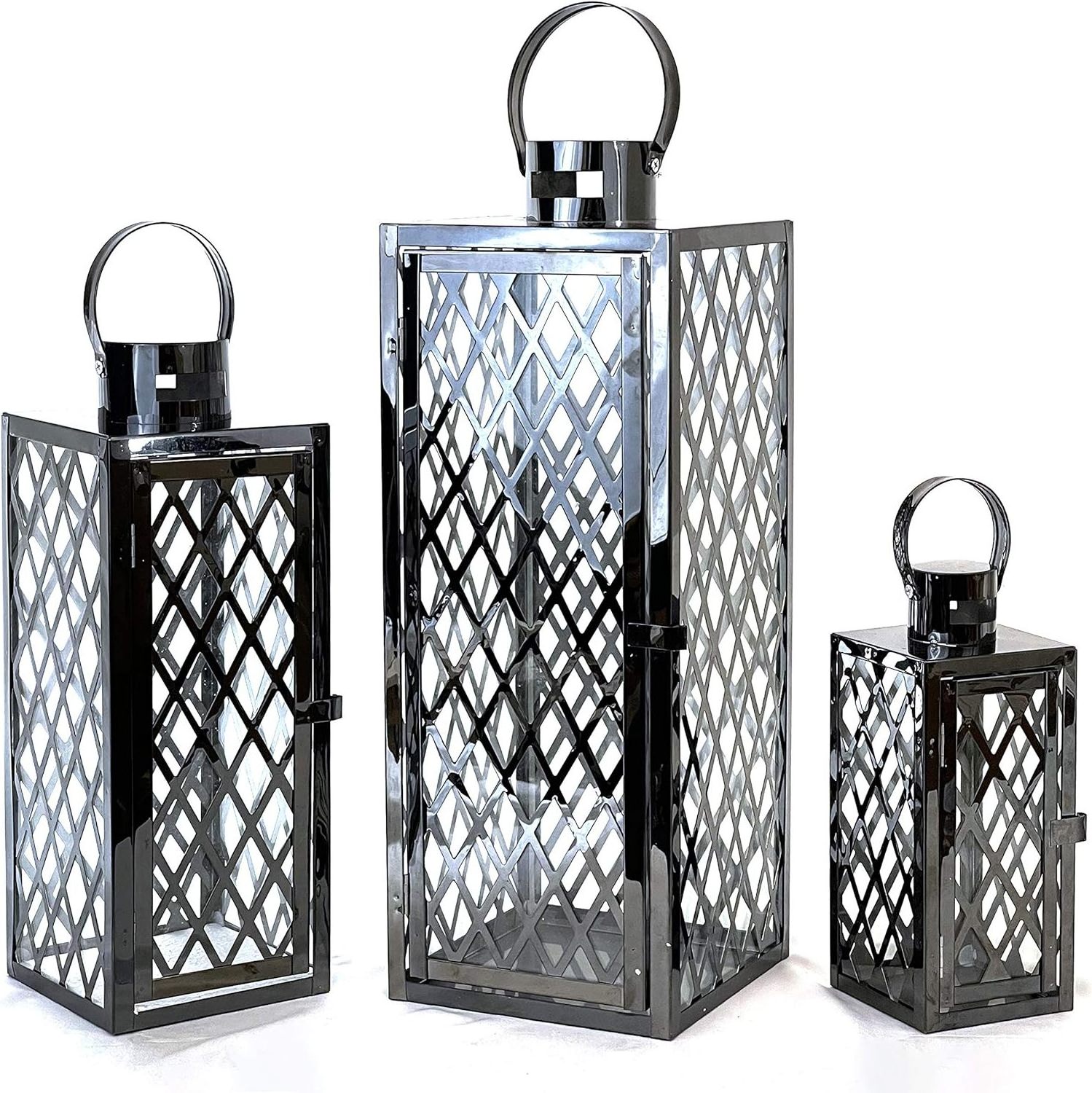 Luxury Modern Candle Lantern Set with Chrome Plated Structure and Tempered Glass Diamond Black