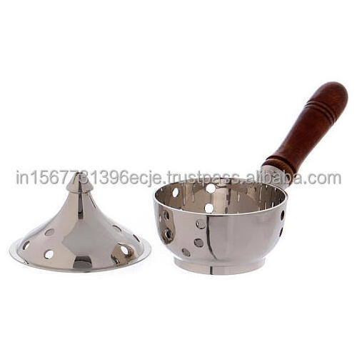 Brass incense burner in nickel plated brass wood handle