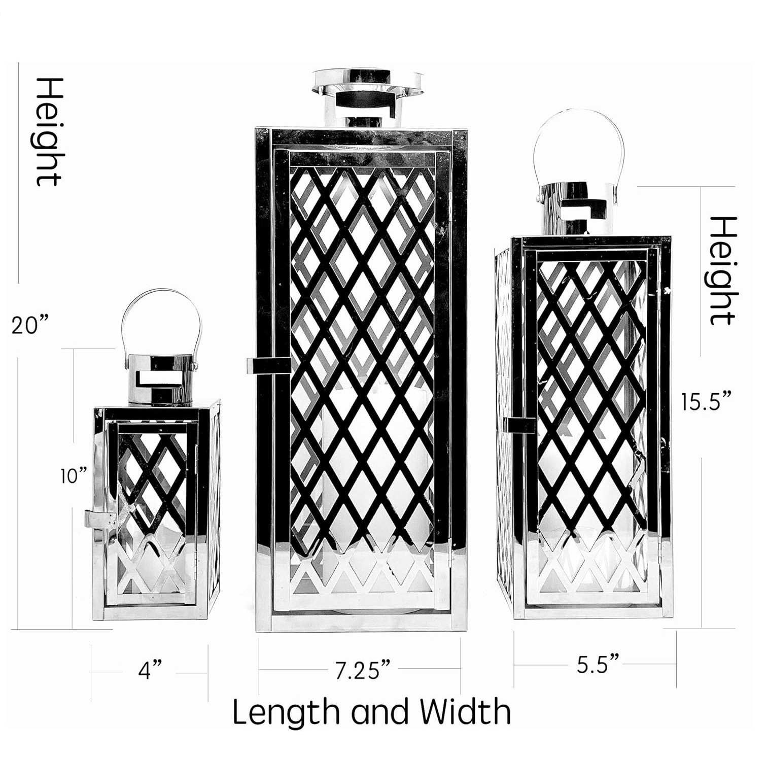 Luxury Modern Candle Lantern Set with Chrome Plated Structure and Tempered Glass Diamond Black