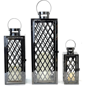 Luxury Modern Candle Lantern Set with Chrome Plated Structure and Tempered Glass Diamond Black