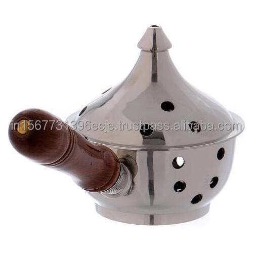 Brass incense burner in nickel plated brass wood handle