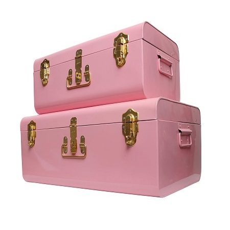 Fantastic Design Metal Storage Boxes With Gold Handles Locks Pink Color Storage Trunk Box